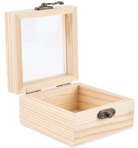 CALFOVERA Fyrkantig trälåda, 8,5 x 8,5 x 5 cm, med glaslock och järnlås. Förvaringslåda för smycken, kreativ fritid, presentförpackning och heminredning.
