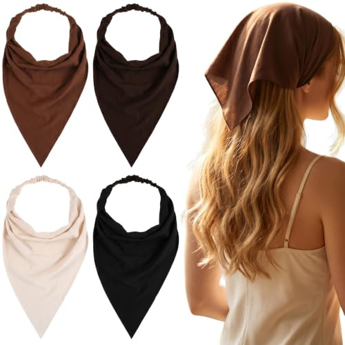 Matwsec 4PCS Triangle Hair Scarf Boho Head Scarf Head Bandana for Women | 40cm Elastic Hair Bandanas Kerchief for Girls (Brown Black Khaki off White)