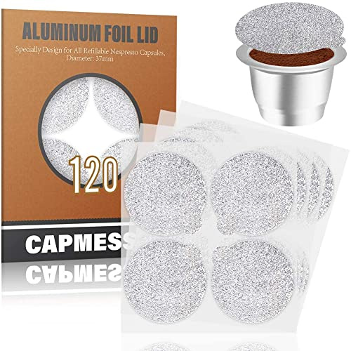 CAPMESSO Filtros Cápsulas de Café compatibles con Nespresso+ Tapas de Papel de Aluminio Autoadhesivas (Plata-120pcs Tapas)