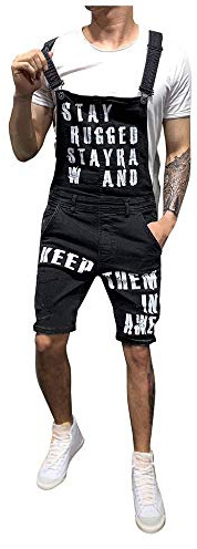 Peto Vaquero Hombre Corto Verano Casual Pantalones Vaqueros de Mono con Estampado de Letras pantalón de Tirantes multibolsillo Pantalones de Mezclilla Jeans
