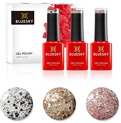 Bluesky Gel Nail Polish Set, Metallic Confetti, Ice Superstar Dc001, Gold Button Dc002, Razzle Dazzle Lt135, 3 x 5 ml Silver, Glitter (Requires Curing Under UV or LED Lamp)