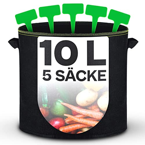 Praknu Bolsa de Cultivo para Plantas 10L - 5 Bolsas para Plantar de Tela no Tejida con Etiquetas - con Asa - Maceta Geotextil para Hierbas, Flores, Fresa