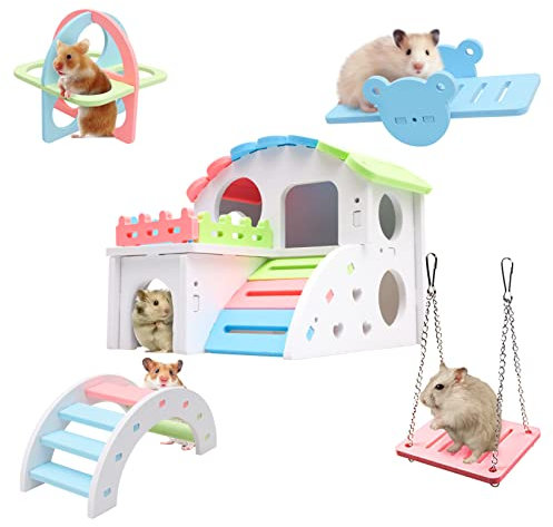 Duogege Syrisches Hamsterspielzeug-Set, verbesserte Version 22,6 cm großes Hamsterhaus, Holz-Rümaus-Versteck Kleintier-Wippe, Meerschweinchen-Sportübungsspielzeug, Regenbogenbrücke, Schaukel,