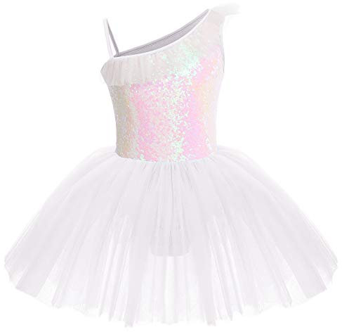 IWEMEK Kinder Ballettkleidung Mädchen Ballettkleid Ärmellos Rüsche Pailletten Balletttrikot Ballettanzug Tanzkleid Tanzbody mit Tütü Rock Ballettrock Gymnastik Tanzbekleidung Weiß 5-6 Jahre