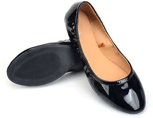 Dernolsea Zapatos planos de ballet para mujer, de charol, plegables, punta redonda, sin cordones, elásticos, planos, bailarina, Black, 37 EU