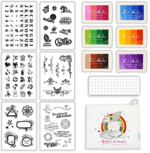 BITEYI Juego de Sellos Transparentes,6 Sellos Transparentes de Silicona,1 Bloque de Sello Acrílico,6 Almohadillas de Tinta de Colores,1 Bolsa de Almacenamiento,para álbum de recortes (CSS1)