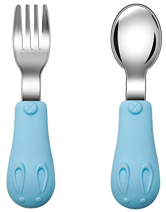 Jmbabe Toddler Fork and Spoon, Stainless Steel Baby Utensils Cutlery Set, Stainless Steel Self Feeding Spoon and Fork, Children Flatware Weaning and Learning to Use