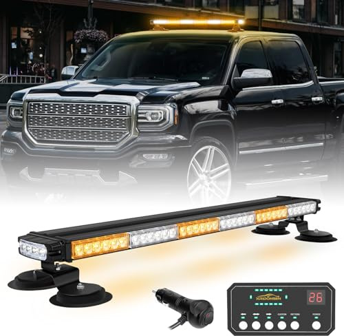 XRIDONSEN 28.4 80 LED Roof Top Strobe Light Bar Amber White Emergency Warning Hazard Safety Double Side Traffic Advisor Lights w/Controller Magnetic Base for Plow Trucks Construction Vehicles Wrecker