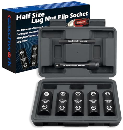 7Pc Half Size Lug Nut Socket Set 1/2” Drive Thin Wall Impact Flip Socket Set With Knockout Bar For Removal of Inflated, Damaged, Warped and Mangled Lug Nuts