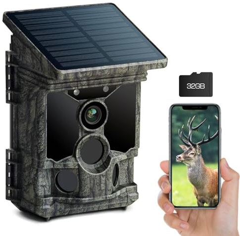 VOOPEAK Solar Wildkamera WLAN 4K 30fps 100MP, Bluetooth Wildkamera mit Bewegungsmelder Nachtsicht, Wildtierkamera mit Handyübertragung APP 120° Weitwinkel mit 32GB Micro SD Karte IP66 Wasserdicht