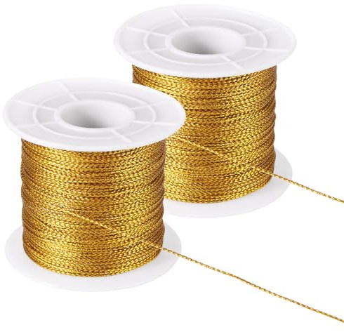 PATIKIL 656 fot/218 Yard metalliskt snöre glitter prydnadssträng, 1 mm etikettsnöre icke-stretch tråd för presentinslagning hantverk smyckestillverkning, guld 2 spole
