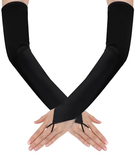 oruola Black Fingerless Gloves,Satin Long Fingerless Gloves for Bridal Wedding Party Goth Punk 80s Party Cosplay Costume Accessories,Stretchy Elbow Length Glove for Wedding,Cosplay