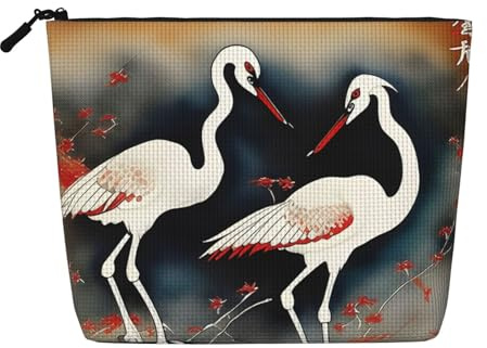 två japanska kranar flygande traditionell målning tryck enkellager falsk hampa sminkväska dragkedja toalettväska dragkedja tillbehör för kvinnor, svart, en storlek, Svart, One Size