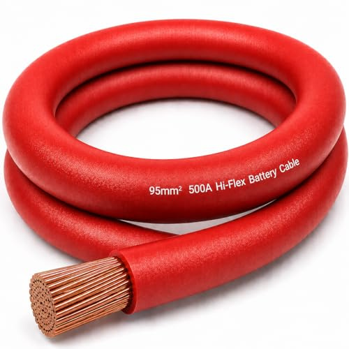 MKGT 500A Hi-Flex Battery Cable – 95mm2 000 Gauge Pure Copper Single Core PVC Welding Wire for 12V & 24V Automotive, Campervan, Solar, Inverter & Leisure Battery Systems (Red, 5 Meters)