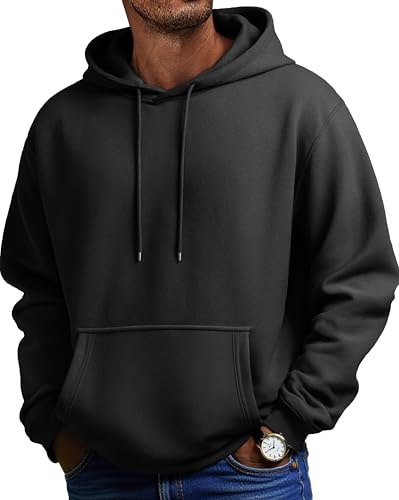 COOFANDY Sudadera con Capucha para Hombre de Algodón y Forro Polar, Manga Larga con Bolsillo Canguro, Suéter Casual para Invierno Negro XXL