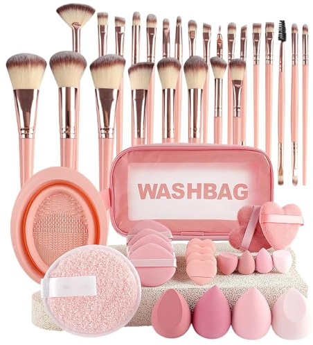 Set de Pinceaux de Maquillage,Kit Éponges et Pinceaux Femmes 46 Pièces - Kit De Houppettes Accessoires De Beauté Avec Sac De Rangement Pour Maison Femmes Filles Voyage Extérieur