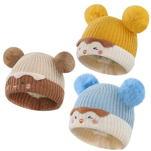 MASOCIO 3-pack baby pojkar flickor vinter stickad mössa med varm termisk pompom 1–3 år, Flerfärgad 2, 1-3 år