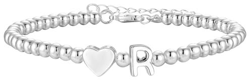 Aretas Initial Bracelets for Women Girls Silver Letter R Heart Pendant Bead Charm Bracelet Personalized Cuff Bangle Jewelry Christmas Birthday Gifts for Girls Daughter Sister Friends Jewellery