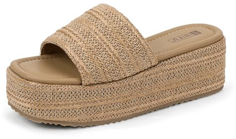 IDIFU Tan Brown Platform Espadrille Sandals Slip on Low Raffia Wedges for Women Summer Beach Vacation Dressy Slides Shoes Comfortable Cute Casual Bohemia Round Open Toe Sandals(Tan, 7.5)