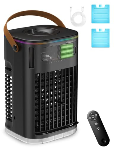 3-IN-1 Portable Air Conditioners, 5400mAh Built-In Battery Personal Evaporative Air Cooler with Remote, 2 Ice Packs & 1.2L Water Tank, 7h Timer Mini Air Conditioner for Car Desktop Camping, Midnight