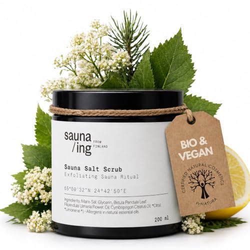 bastu/ing bastusalt peeling tall och citrongräs 200 ml – havssalt kroppsskrubb för bastu och dusch – salttill-gel peeling, fuktgivande och utjämnande – vegan, tillverkad i Finland