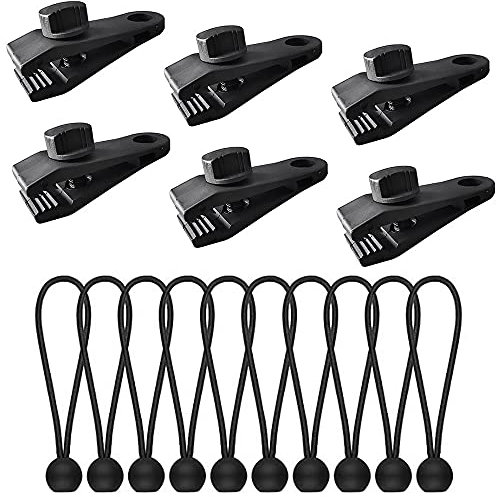 FYSL 6 Stück Planenklammern Zeltplane Clips Markisenklemme und 12 Stück Spanngummis mit Kugel zum Spannen und Fixieren von Zelt,Planen, Poster, Werbebanner