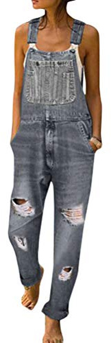 Onsoyours Mujeres de Mono Hombro de Verano para Mujer Peto Vaquero Mono de Jeans Cortos Mono Chaquetas de Traje Casual Denim Recto y Ajustado con Bolsillos D Gris XL