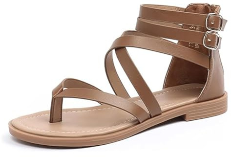 BININBOX Sandalias de Mujer Correas de verano Sandalias Planas Lideñas Romanas Sandalias de dedos (Marrón, numeric_38)
