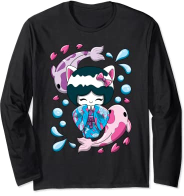 Linda muñeca japonesa kawaii Kokeshi y peces koi Manga Larga