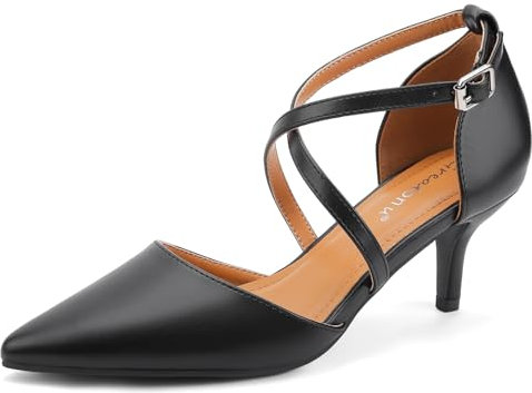 Greatonu Womens Court Shoes Pointed Toe Kitten Mid Low Heel Sandals Ladies Ankle Strap Pumps Black-P Size 4