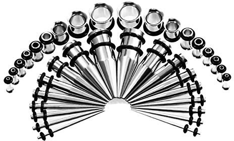 vogem 36 Stück Ohr-Stretching-Kit 14G-00G Ohr Messgeräte Expander Set Edelstahl Taper und Tunnel Piercing Schmuck Set(Silber)