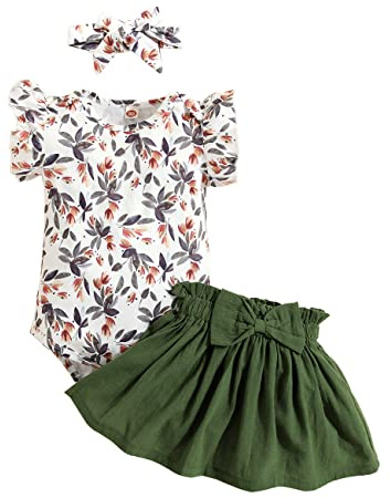 KONFEN Vetement Bebe Tenue de Vêtements pour Bébé Nouveau-né Manche Courte Body Barboteuse + Jupe + Bandeau Ensemble 3 pièces pour Bebe Fille 0-24 Mois (Florales/Imprimé Léopard)