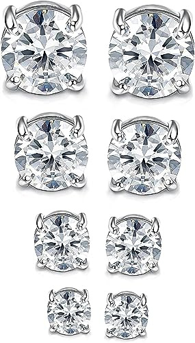 Diamday 4Pairs Stainless Steel Magnetic Stud Earrings for Mens Womens Non Piercing Clip on Stud Earrings CZ Inlaid Magnetic Earrings Hypoallergenic Round Fake Earrings 4-7mm Sliver