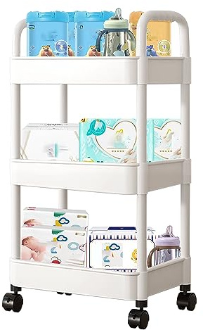Baby Diaper Caddy, Plastic Movable Diaper Cart with Wheels Newborn Nursery Essentials Baby Diapers Organizer for Changing Table & Crib, Easy to Assemble, White