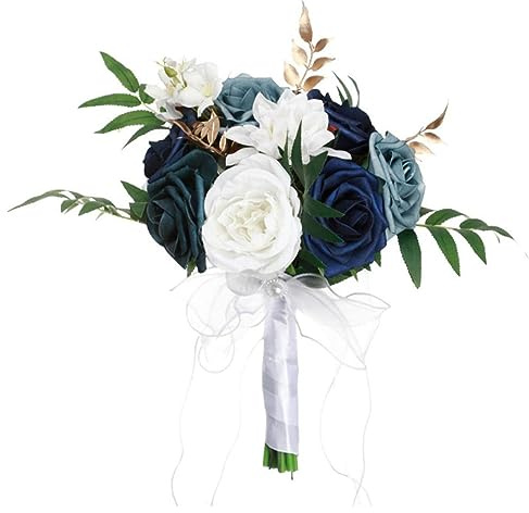 Easnea Konstgjorda blommor, bröllopsbuketter, rosbukett, fuskblommor, bukett, silke, brudbukett, silke, rosor, brud, bröllopsbukett, brudtärna, buketter för bröllopsdekoration (blåvit)