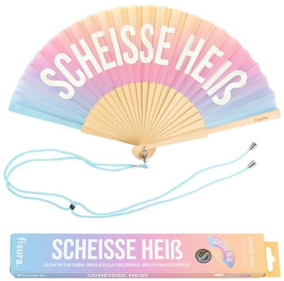FISURA â€“ Origineller Handfächer mit der Botschaft Sch*isse HeiÃŸ. Moderner und witziger Holzfächer. Farbverlauf. Fächer mit Fächerhalter. Leuchtet im Dunkeln. MaÃŸe: 42,5 x 23 cm.