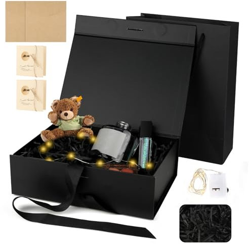 Geschenkbox mit Magnetisch Deckel, 23 x 17 x 7cm Schwarz Geschenkbox Geburtstag mit Tragetasche+Grußkarte+Lichterketten+Raffia+Schleifenband, Geschenk Box für Geburtstag,Valentinstag