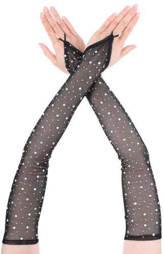 Yolev Lange Handschuhe Schwarz Strass Fingerlose Brauthandschuhe Damen Opern Tüll Damenhandschuhe Party Kostüme 20er Jahre Accessoires Halloween Hochzeit Glitzernde Handschuhe