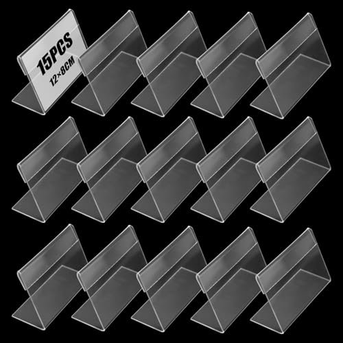 Keboyoe 15 Stück Vertikal Acryl Etikettenhalter Preisschildhalter Acryl Preisschilder Namenskarten Halter Acryl 12 * 8 cm Etikettenhalter L Form Tischnamensschilder für Ladengeschäft Supermarkt Büro