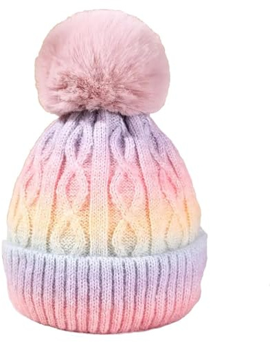 OnlyBee Girls Kids Tie-dye Rainbow Chunky Knit Warm Winter Bobble Hat Approx Age 3 to 7 Years
