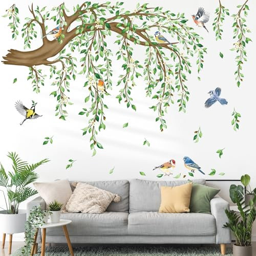 decalmile Wandtattoo Groß XXL Grüner Baum Ast Blüten Wandaufkleber Hängende Rebe Grün Blätter Pflanze Vögel Wandsticker Wohnzimmer Schlafzimmer Sofa Hintergrund Wanddeko