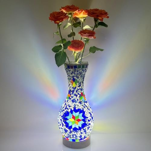 Lampada da tavolo turca marocchina Lampada a vaso di mosaico Lampada in vetro fatta a mano con base in legno Lampada da comodino decorativa per camera da letto, soggiorno, casa colonica - spina USB