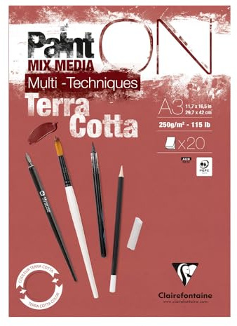 Clairefontaine 976154C Bloc Encollé PaintON Multi-techniques Terracotta A3 29,7x42 cm 250g - 20 Feuilles Papier Dessin Multi-techniques au Grain Légèrement Rugueux - Terracotta