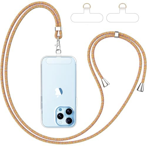 caslord Cordon Telephone Portable, avec 2 Patchs Transparent Durables, Lanière de Téléphone Portable 1,6m Adjustable, Collier Compatibles avec Tous Les Smartphones et Plupart des Coques-Arc-en-Ciel