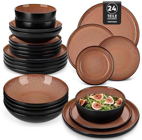 vancasso AMBER Service Vaisselle 6 Personnes, Ensemble Assiettes de Table 24 Pièces en Grès - Assiettes Plates, Assiettes à Dessert, Bols à Pâtes et Bols - Adapté au Micro-Ondes - Glaçure Rouge