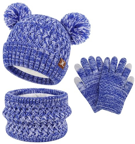 ZASFOU Bambini Cappello Invernale Sciarpa Guanti Touch Screen Set 2 3 4 5 6 7 Anni Berretto Cappelli in Maglia con Pompon Scaldacollo Guanto Regali per Ragazze Ragazzo