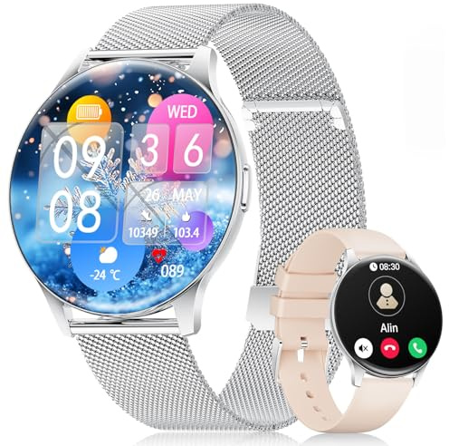 LIGE Montre Connectée Femme (2 Bracelets), 1,43 AMOLED Montre Sport,Smartwatch avec 120+ Modes Sportifs/Étanchéité IP68/Fréquence Cardiaque/Compteur,Montre Femme pour iOS et Android,Argenté