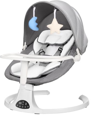 GFU Baby Bouncer, Portable Baby Swing Electric with 5 Swing Speed, 5-Point Harness, 3-Stage Timer, Baby Swing Chair from Birth with 2 Plush Toys and a Mosquio Net（Grey）
