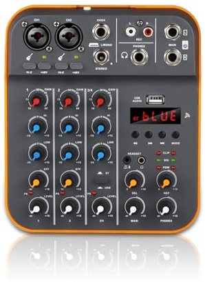 Mesa Mezclas DJ, Interfaz de 4 canales Consola de mezclas Tarjeta de sonido USB 48V 5.0 Conectividad Bluetooth