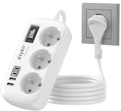 Multiprise Plate avec Interrupteur, 3 Prises avec 4 USB | Multiprise Parafoudre et Surtension, Prise Plate pour Bureau Maison, 1,5M Blanc